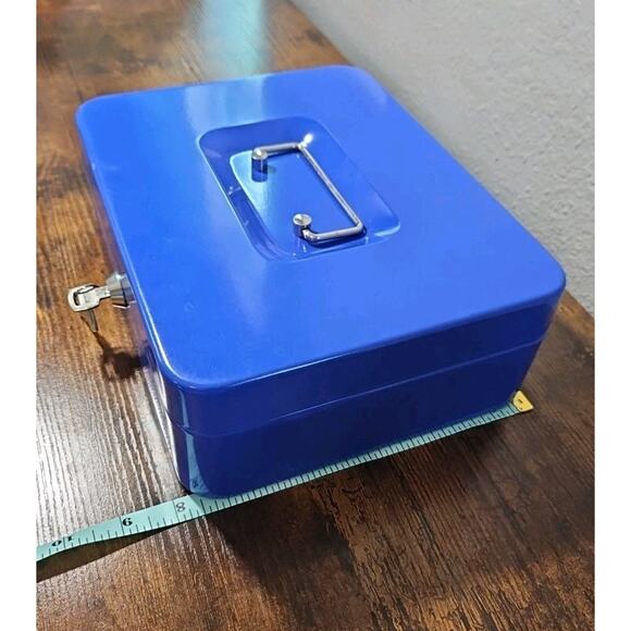 Blue Cash Box with Money Tray Storage Safe Lock Box with Key - Picture 3 of 7